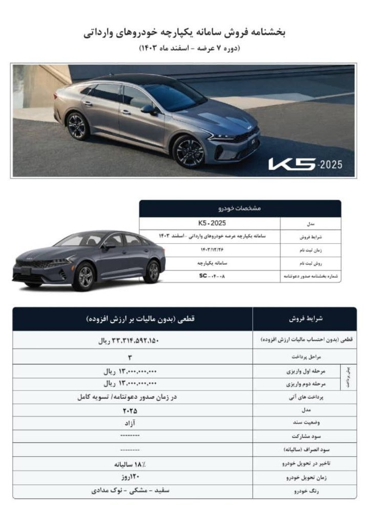 شرایط جدید فروش کیا K5