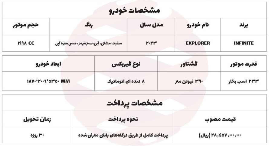 شرایط فروش پیکاپ اینفینیت اکسپلورر