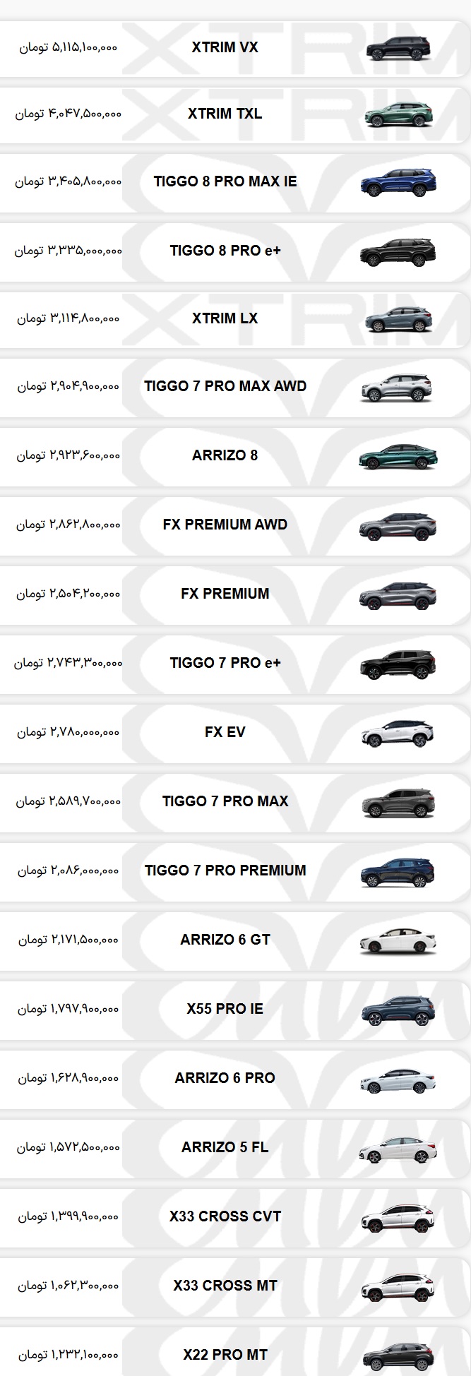 قیمت جدید محصولات مدیران خودرو