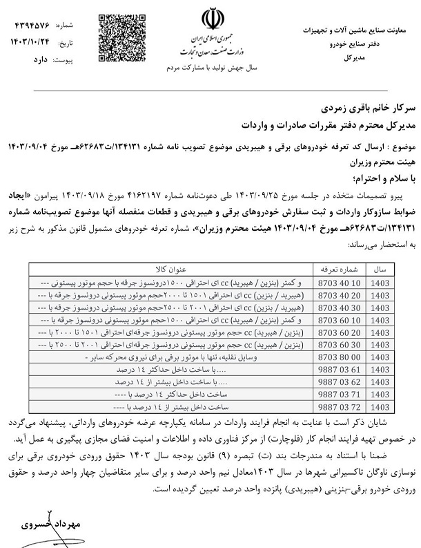 کد تعرفه خودروهای برقی و هیبریدی