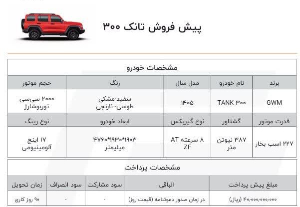 پیش فروش خودرو تانک 300 