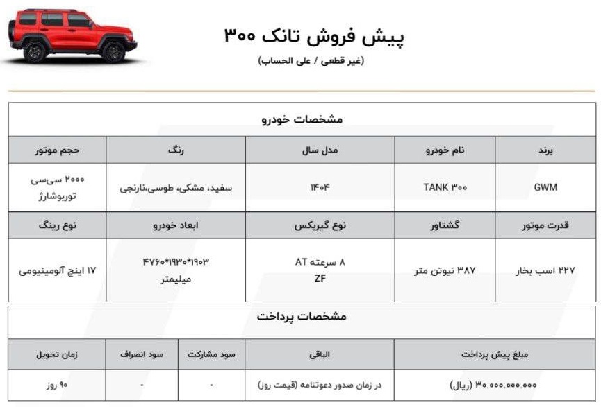 شرایط فروش خودرو تانک 300