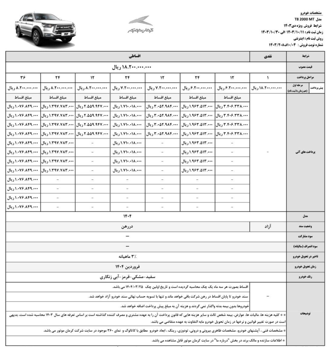 فروش اقساطی خودرو پیکاپ کی ام سی T8