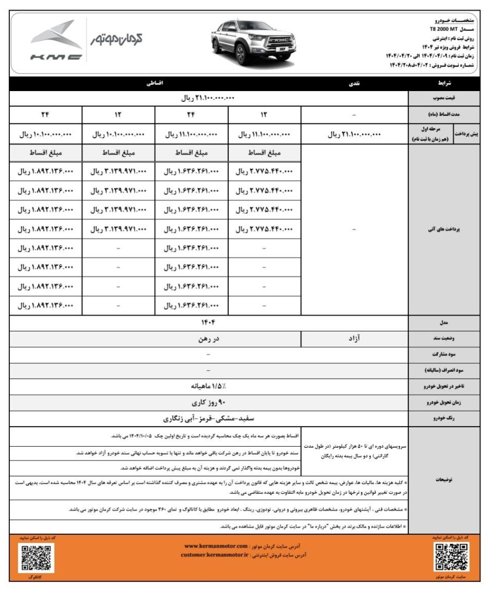 شرایط فروش نقد و اقساط KMC T8