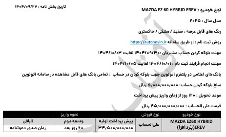 شرایط جدید فروش مزدا EZ6