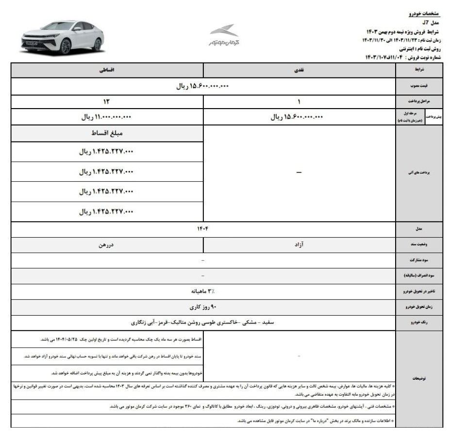 شرایط فروش نقد و اقساطی kmc J7