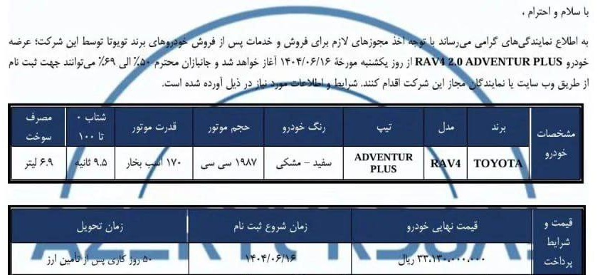 بخشنامه فروش تویوتا راو 4