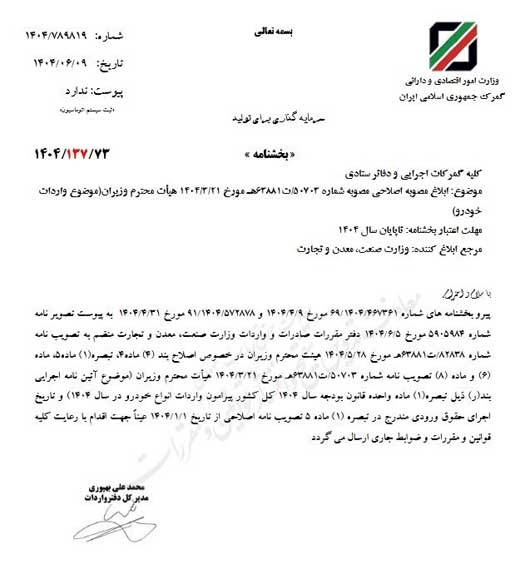 ابلاغ مصوبه اصلاحی واردات خودرو