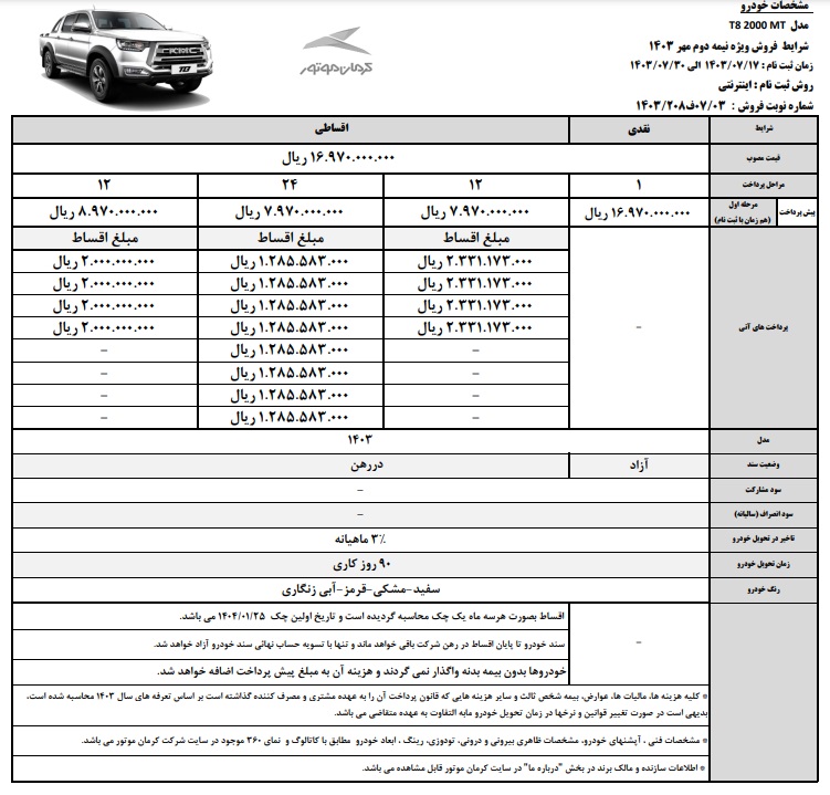 فروش ویژه اقساطی کرمان موتور