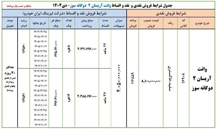 فروش نقد و اقساط وانت آریسان