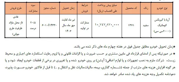 شرایط فروش سایپا آریا