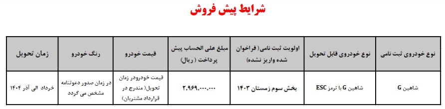 شرایط جدید پیش فروش خودرو شاهین G دستی