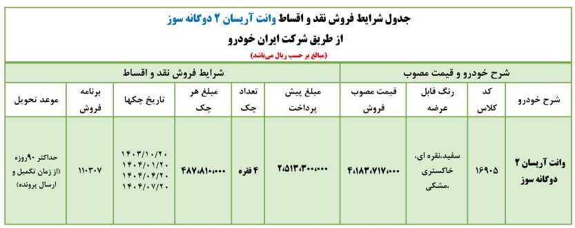 فروش اقساطی وانت آریسان با شرایط ویژه (مهر 1403) 