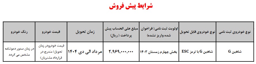 پیش فروش خودرو شاهین G دستی 