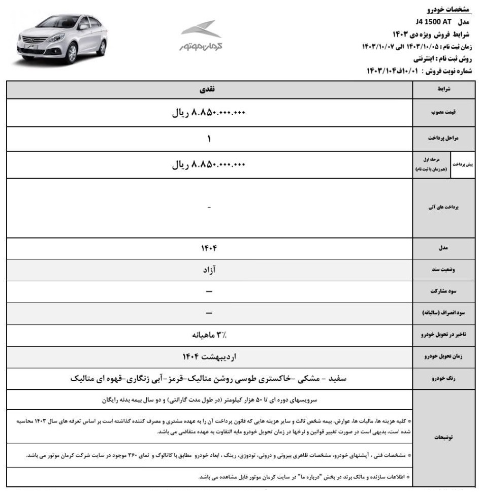 شرایط جدید فروش کرمان موتور با مدل 1404