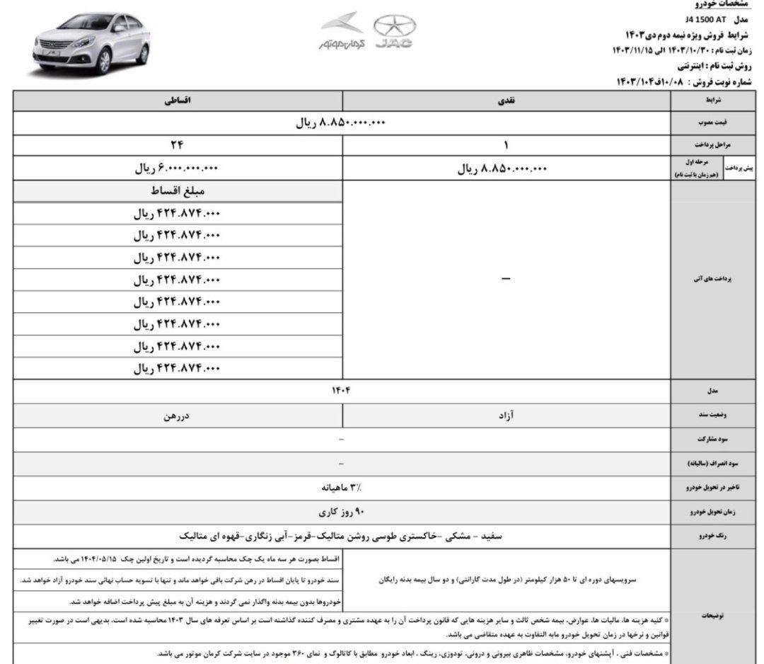 شرایط فروش نقد و اقساط خودرو جک J4