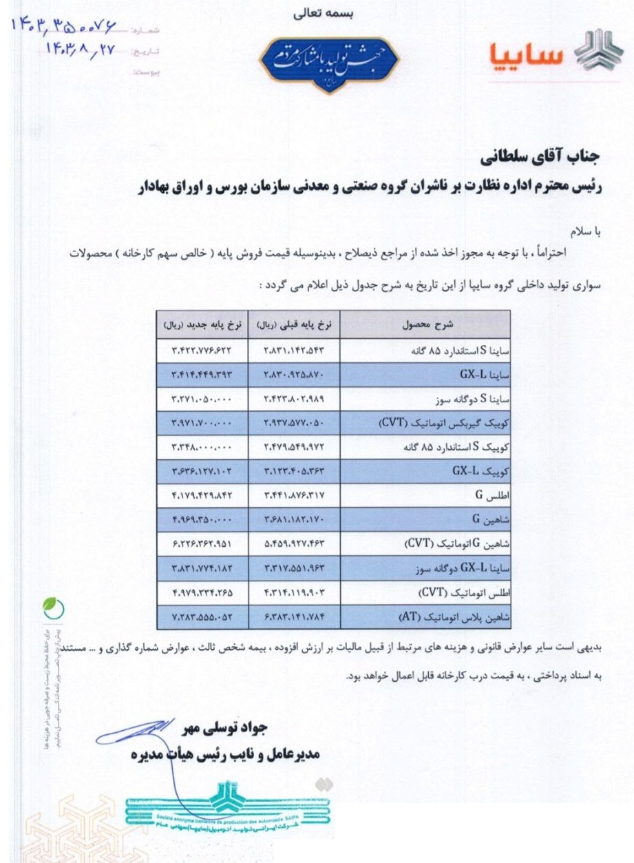 قیمت جدید کلیه محصولات سایپا اعلام شد