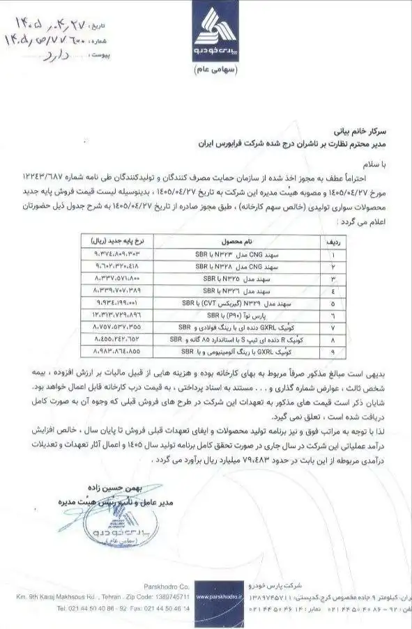 قیمت جدید محصولات پارس خودرو