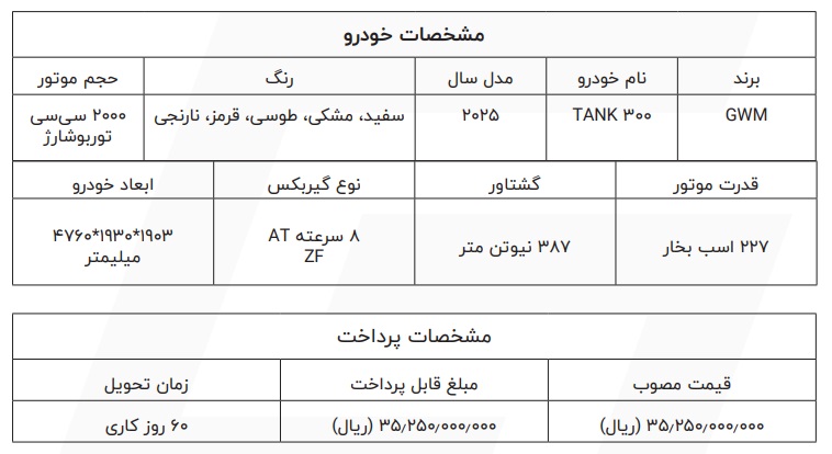 فروش فوری خودرو تانک 300