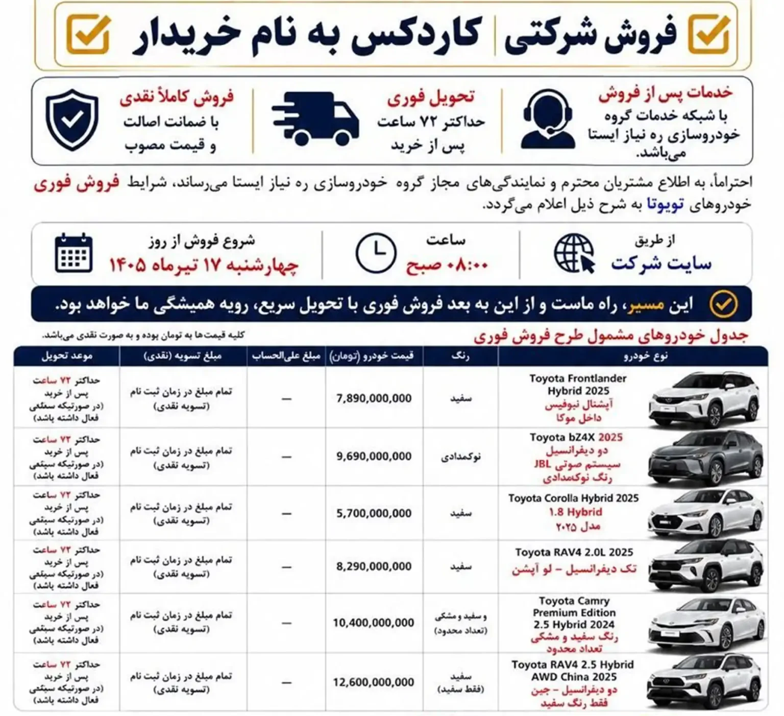 فروش فوری تویوتا با تحویل آنی